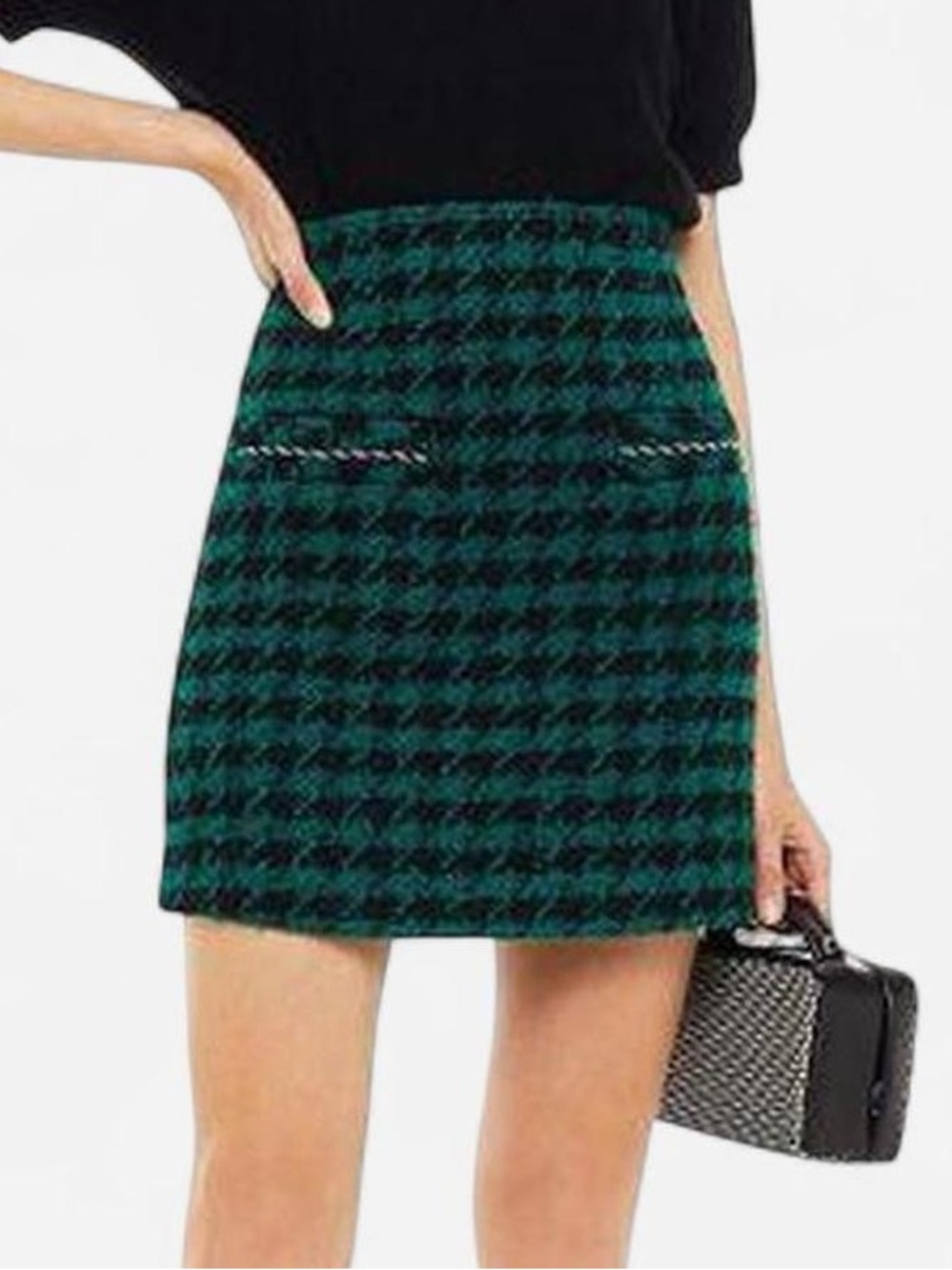 Sandro Teal and Black Houndstooth Mini Skirt
